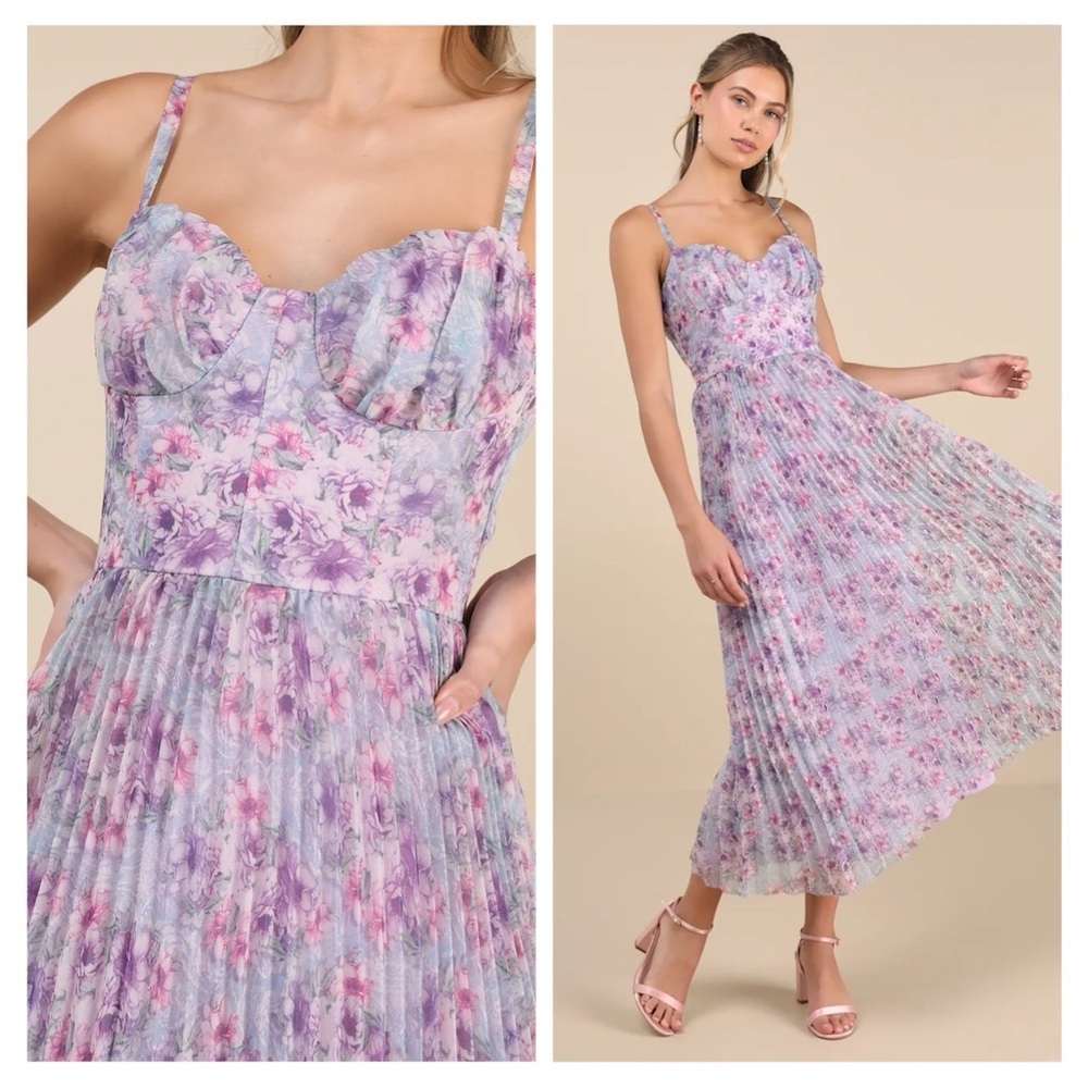 Lulu's Alluring Invite Multi Floral Pleated Bustier Midi Dress SIZE:LARGE
